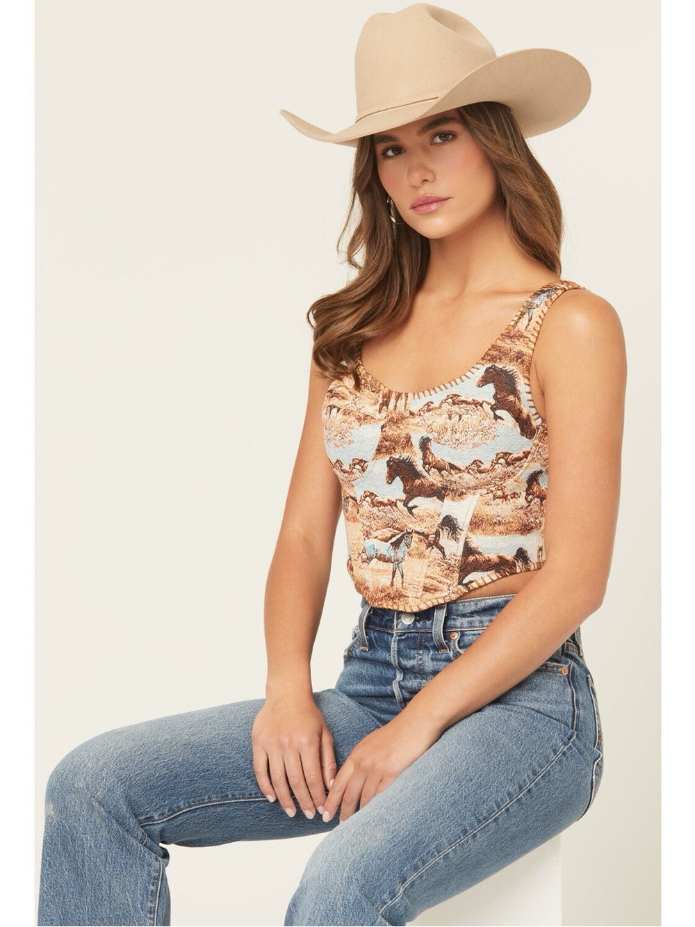 NWT BLUE B WOMEN'S HORSE TAPESTRY SLEEVELESS BUSTIER TOP Sz S